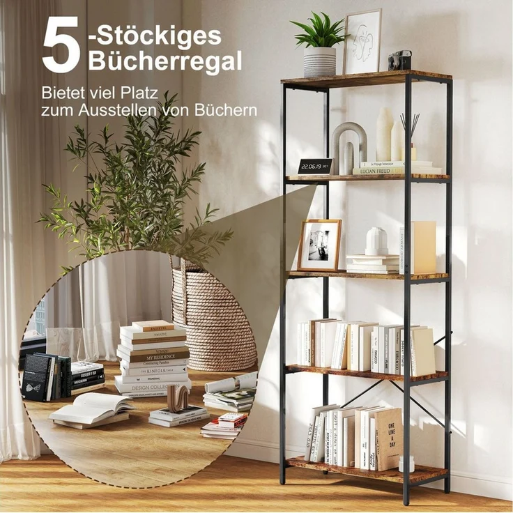 HOMCOM Bücherregal, Standregal mit 5 Ebenen, Industrielles Büroregal mit Metallrahmen, offenes Aufbewahrungsregal für Wohnzimmer, Büro, Arbeitszimmer, 79x35x161 cm, Rustikal-Braun – Bild 3