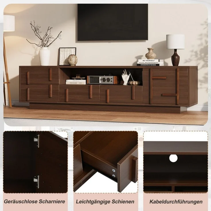 Merax Lowboard mit 4 Schubladen, Schrankfach & 2 offenen Ablagen (180 L x 40 B x 45 H cm, 1 St), TV-Schrank mit Kabeldurchführung & Stauraum, für Fernseher bis 75 Zoll – Bild 4