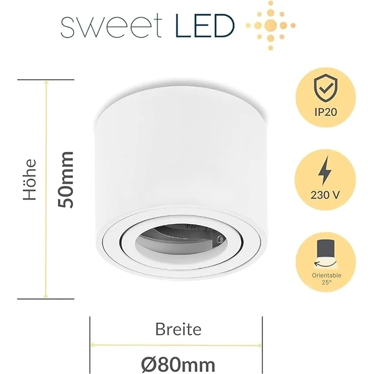 Sweet LED Aufbauleuchte 4er Set Deckenspots 50mm weiß-matt rund – geeignet für LED-Modul 230V, flach, ohne Leuchtmittel, Aufbaustrahler LED, Deckenstrahler – Bild 5