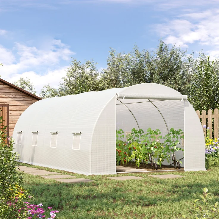 MELAYR, Gewächshaus 595x300x200cm Foliengewächshaus Tomatenhaus mit Tür, Fenster, Weiß – Bild 4