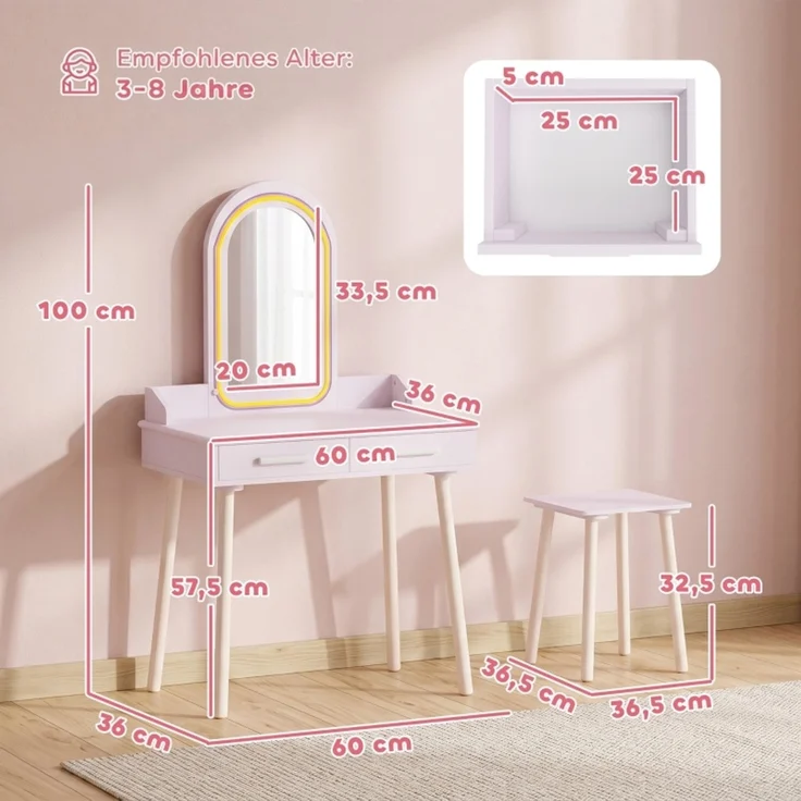 inder Schminktisch Set 2 in 1 Frisiertisch Schreibtisch mit Hocker LED-Spiegel in 3 Lichtfarben 2 Schublade 3-8 Jahre--Rosa--60x36x100cm--YOUDENOVA – Bild 3