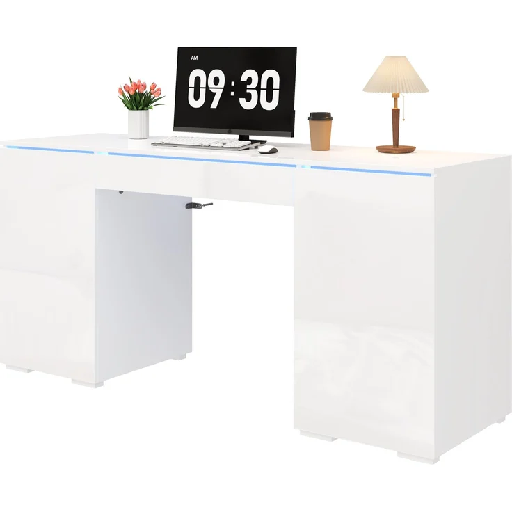 ZUBALIYA 140x50cm großer Schreibtisch in Hochglanz, mit LED-Beleuchtung, 1 Schublade und 2 Türen, moderner Computertisch mit extra großer Arbeitsfläche, Schminktisch mit Stauraum, in Weiß-Hochglanz – Bild 8