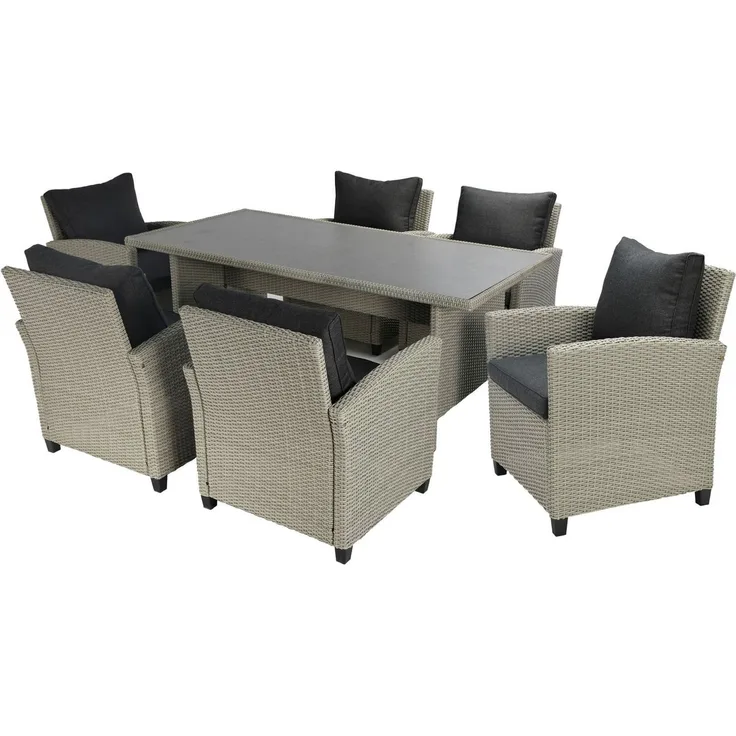 KONIFERA Garten-Essgruppe Amsterdam, (Set, 19-tlg, 6x Sessel, 6x Sitzauflagen, 6x Rückenauflagen, 1x Tisch), bestehend aus 6 Sesseln, 12 Sitz- und Rückenkissen und 1 Tisch