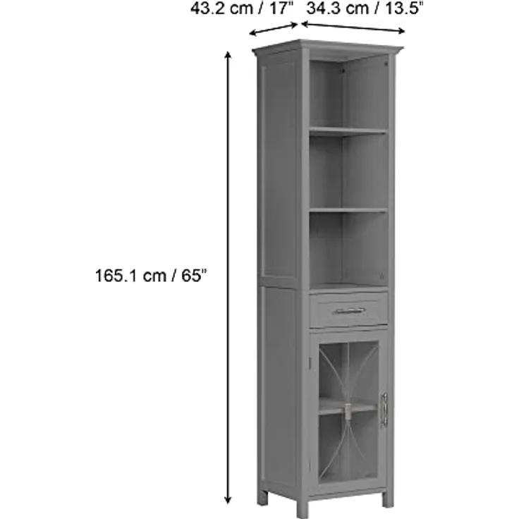 Teamson Home Delaney Badezimmer Holz Multi funktionaler Leinenschrank grau EHF-7978G mit Schubladen und offenen Regalen – Bild 3