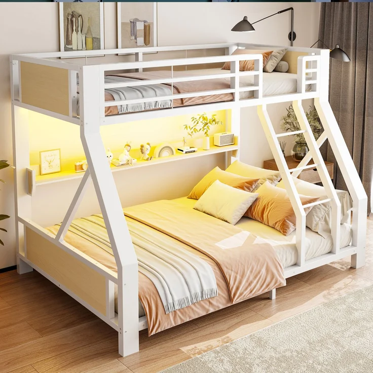 EINHOM Metall-Etagenbett 90 x 200 cm / 140 x 200 cm, Einzelbett Oben, Doppelbett Unten, Ablagefach, LED-Beleuchtung, Bettgestell aus Eisen und Holz, Platzsparendes Kinder- und Jugendzimmermöbel Weiß (Ohne Matratze) – Bild 3