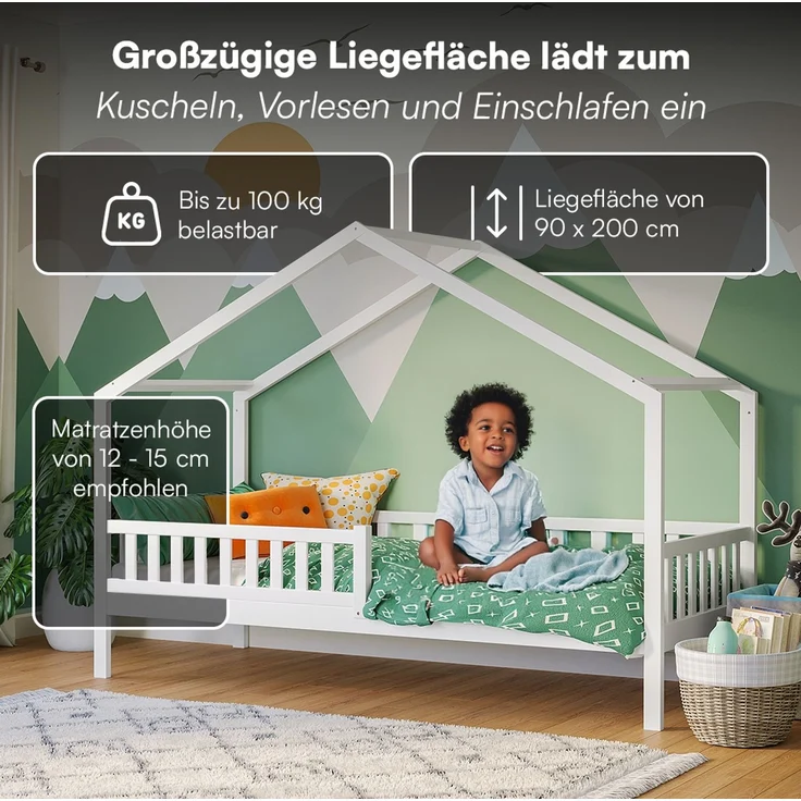 Bellabino 'Vils' Hausbett 90x200 cm, weiß, Kiefer Massivholz, Montessori Kinderbett mit Rausfallschutz und Lattenrost – Bild 5