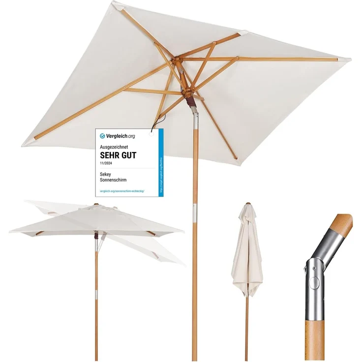 Sekey Sonnenschirm, UV Schutz 50+, Polyester / Holz creme, 200 x 150 x 235 cm – Bild 1