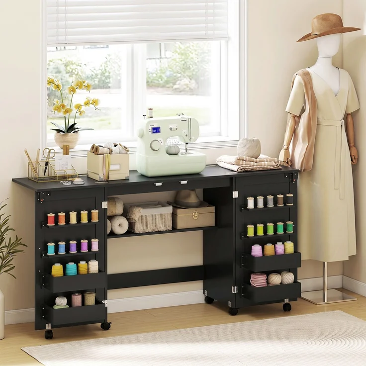 Wohnora-Klappbarer Nähtisch, Nähschrank auf Rollen, 2 Magnettüren, 4 Ablagen, 20 Haken, 160 x 40 x 83 cm, schwarz,H 830cm x T 800cm x B 400cm – Bild 3
