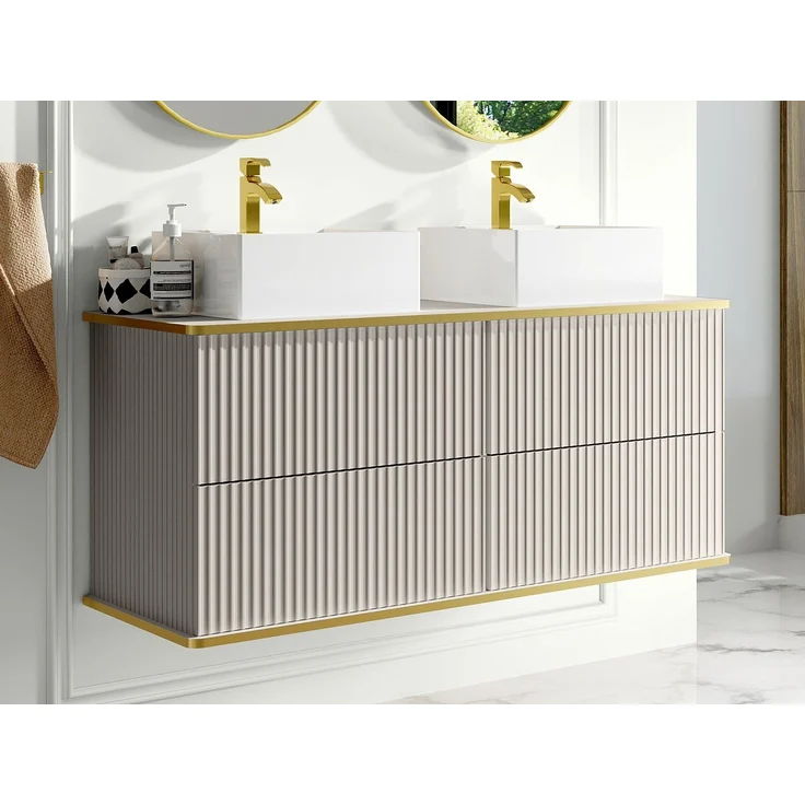 Vente-unique - Waschbeckenunterschrank hängend, gerillt mit goldenem Zierstreifen und doppeltem quadratischen Aufsatzwaschbecken – Beige – 120 cm – KELIZA – Bild 2