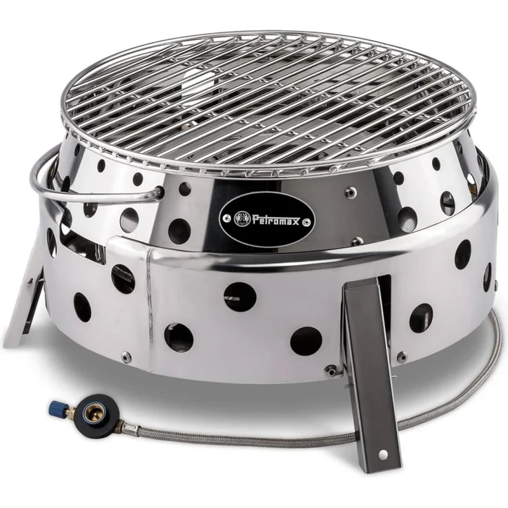 Petromax Atago, Gasgrill Campinggrill, mit Klappmechanismus und Piezo-Zündung, Ø 28 cm, Edelstahl Silber, 19 x 34 x 35,6 cm – Bild 1
