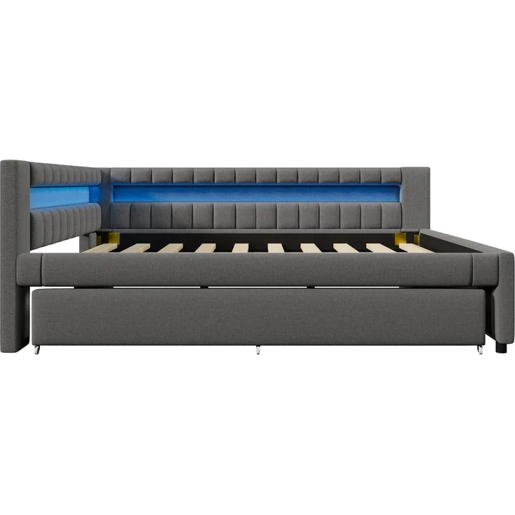 Polsterbett mit Lattenrost, Gästebett, USB und Type-C Anschlüssen, 140x200cm, Schlafsofa, Doppelbett, Leinen – Bild 8