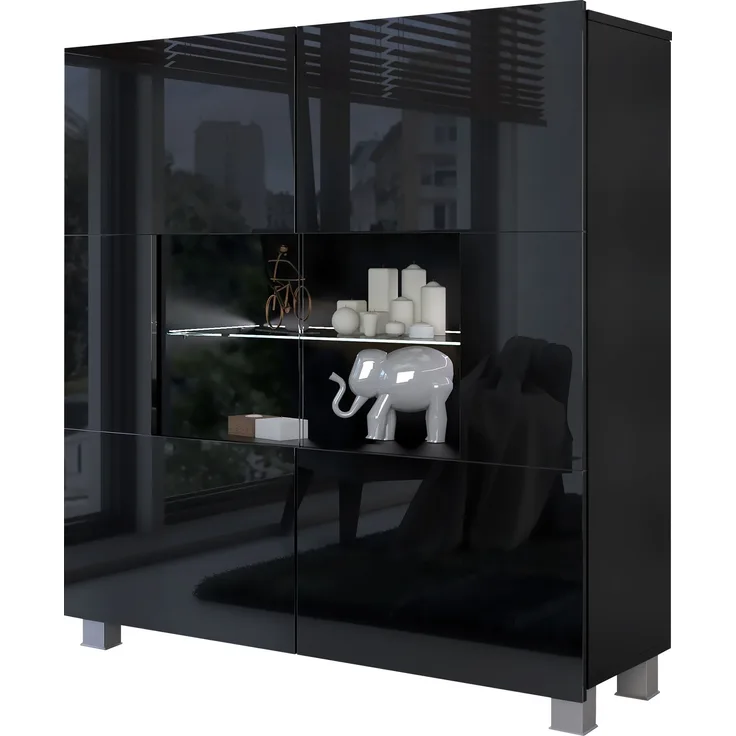 Kommode Calabrini BR01 (Farbe: Schwarz / Schwarz Hochglanz, mit weißer LED Beleuchtung)