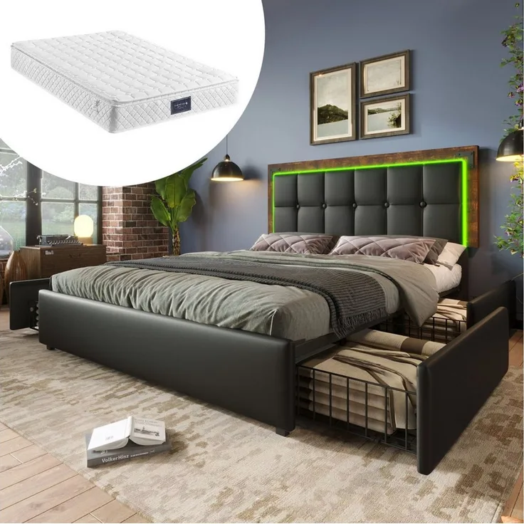 MODFU Polsterbett mit LED Beleuchtung und 4 Schubladen auf Rollen (147.5x207x92-102cm(BxLxH),Inklusive-Matratze(H25cm) , verstellbarem Kopfteil), mit Stauraum