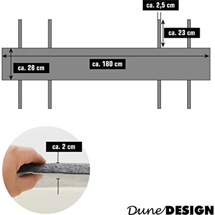 Dunedesign Bierbankauflage, Grau, 180 cm, 4 robuste Filzgurte, abwaschbar, für drinnen & draußen – Bild 2
