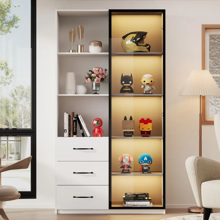 LED-Vitrine 80 x 40 x 160 cm aus Spanplatte mit Sicherheitsglastür, 3 Schubladen und 7-Farben-LED