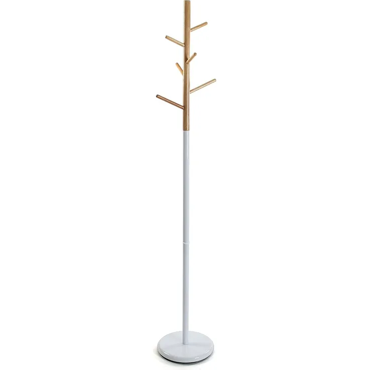 Versa Malmö Minimalistischer Garderobenständer für den Eingangsbereich, mit 9 Haken für Kleidung oder Taschen für die Halle, Maßnahmen (H x L x B) 171 x 28 x 28 cm, Metall und Holz, Farbe: Weiß
