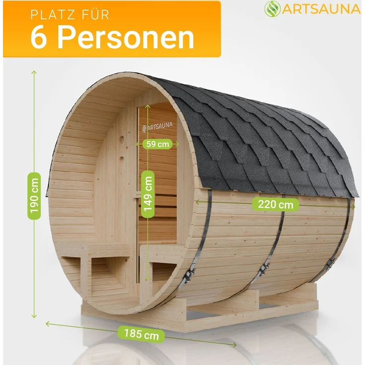 Artsauna Outdoor Fasssauna Spitzbergen 220 für 6 Personen und zwei Bänken - 8 kW Ofen, Saunasteine & Zubehör - Saunafass aus Fichtenholz - Außensauna Gartensauna – Bild 4