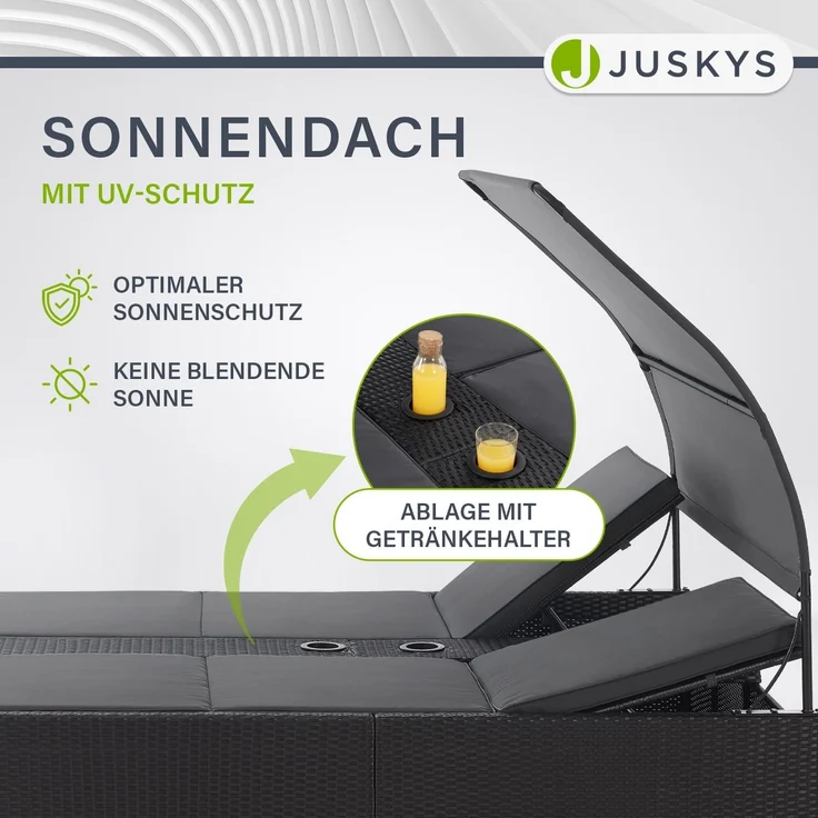 Juskys Polyrattan Doppelliege Syros - Garten Sonnenliege für 2 Personen - Outdoor Liege mit Dach & Auflagen - Kopfteil verstellbar - Schwarz – Bild 7