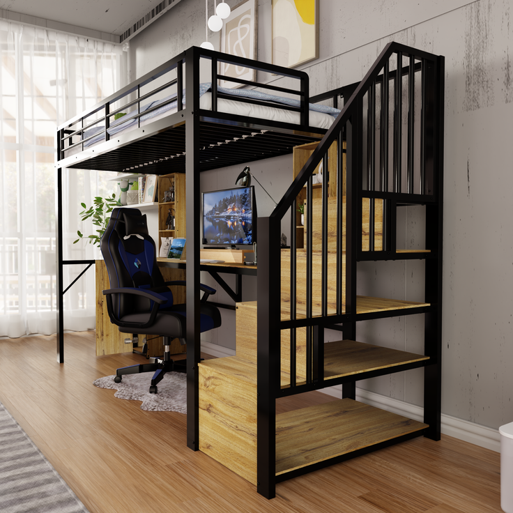 Hochbett 90×200 cm mit Rausfallschutz, Schreibtisch, Stauraum und USB-Anschluss, Schwarz, ohne Matratze – Bild 2