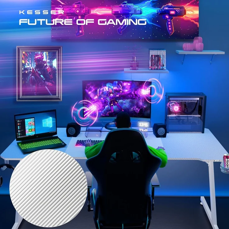KESSER® Gaming Tisch LED | Z-Form Gamer Schreibtisch | Kopfhörerhaken & Kohlebeschichtung | Ergonomischer PC Computertisch | Stabiler Tisch mit Mauspad & Getränkehalter Weiß Carbon, 160 x 60 cm – Bild 4