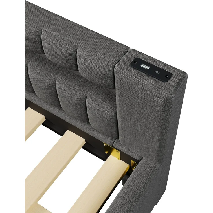 Polsterbett mit Lattenrost, Gästebett, USB und Type-C Anschlüssen, 140x200cm, Schlafsofa, Doppelbett, Leinen – Bild 10