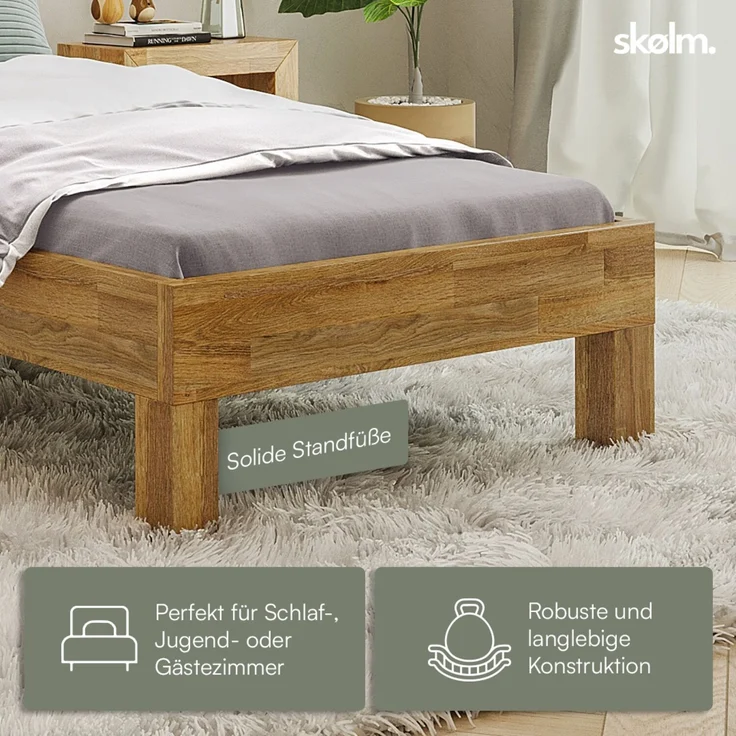 skølm 'Floki' Bett 90x200 cm, Bettgestell, natur geölt, Massivholzbett aus Eiche, Einzelbett mit Bettkopf – Bild 4