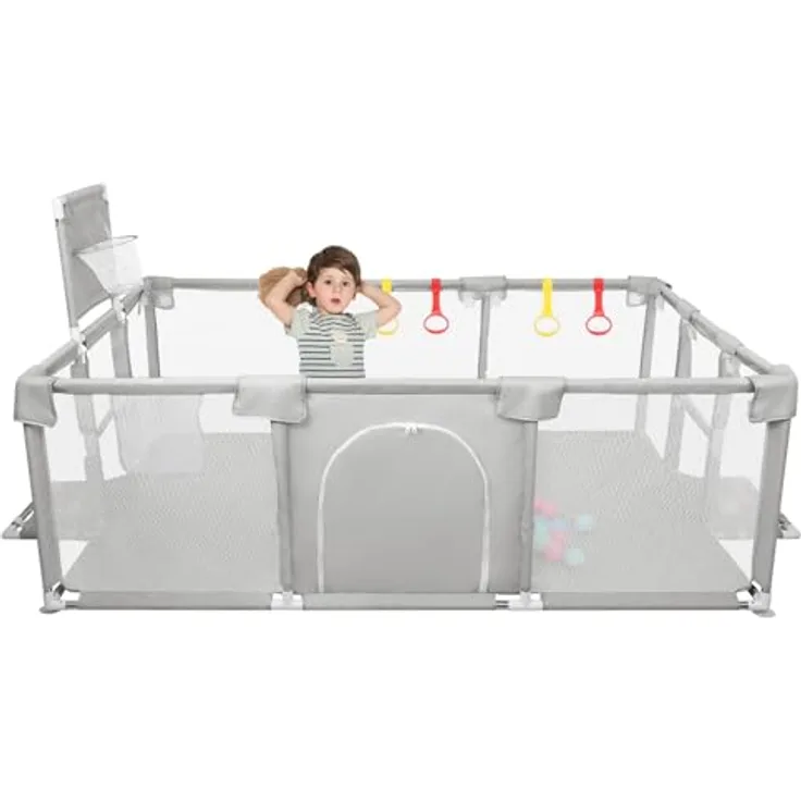 Laufgitter für Kinder mit Saugnäpfen, Verbesserte Version 2025 Babygehege 300D Oxford-Gewebe, Aktivitätszentrum für Kinder, einfach zu montieren und zu reinigen - 180 x 120 x 66 cm - Hellgrau