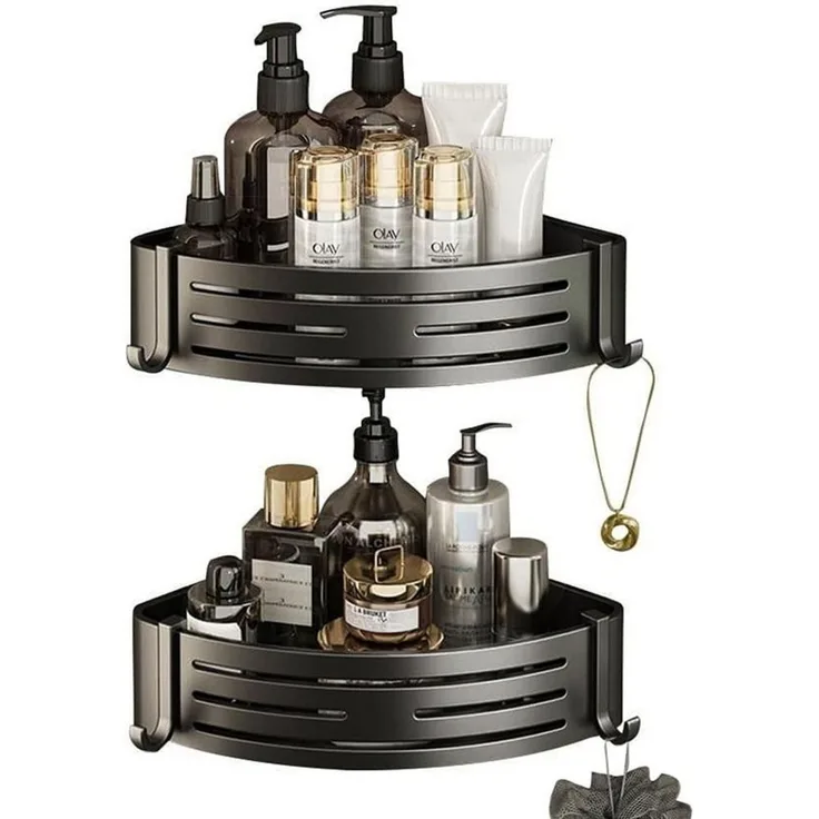 SURFOU Badregal Ecke Duschablage Ohne Bohren 2-Stück Duschregal Badezimmer Organizer, mit 4 Klebeflächen und 4 Haken 2-tlg, Rostfreier Edelstahl, für Bäder Küchen Duschgel (Grau & Schwarz)