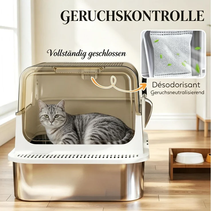 Geschlossene Katzentoilette 70 x 50 x 46,5 cm mit Edelstahlschale und Klappdeckel – Bild 7