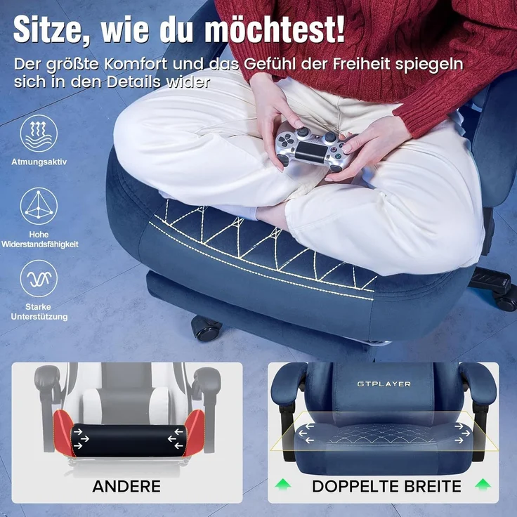 GTPLAYER Gaming Stuhl Stoff Gaming Chair Ergonomisch Bürostuh PC Stuhl, 150kg Belastbarkeit, Verstellbarer und Drehbarer Schreibtischstuh mit Federsitzkissen und Fußstütze, BLAU – Bild 7
