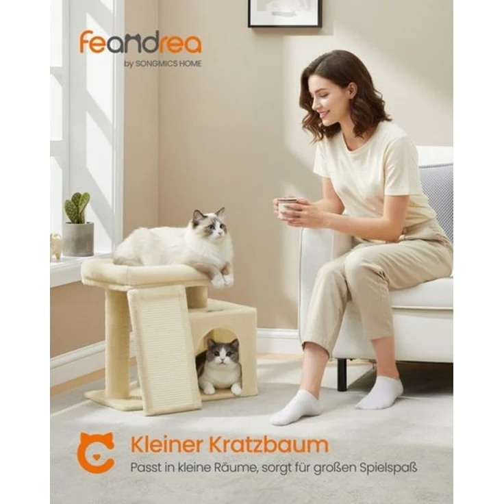 FEANDREA Kleiner Katzenbaum, Kratzbaum mit Kratzbrett, Katzenhöhle und Plattform, beige – Bild 2