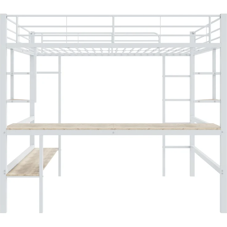 Weißes Metall-Hochbett 140×200cm mit Schreibtisch, 4 kleinen Eckregalen + großem Bücherregal, Stahl+E1-MDF, Weiß, ohne Lattenrost & Matratze, Gesamt L204 × T145 × H180 cm – Bild 9