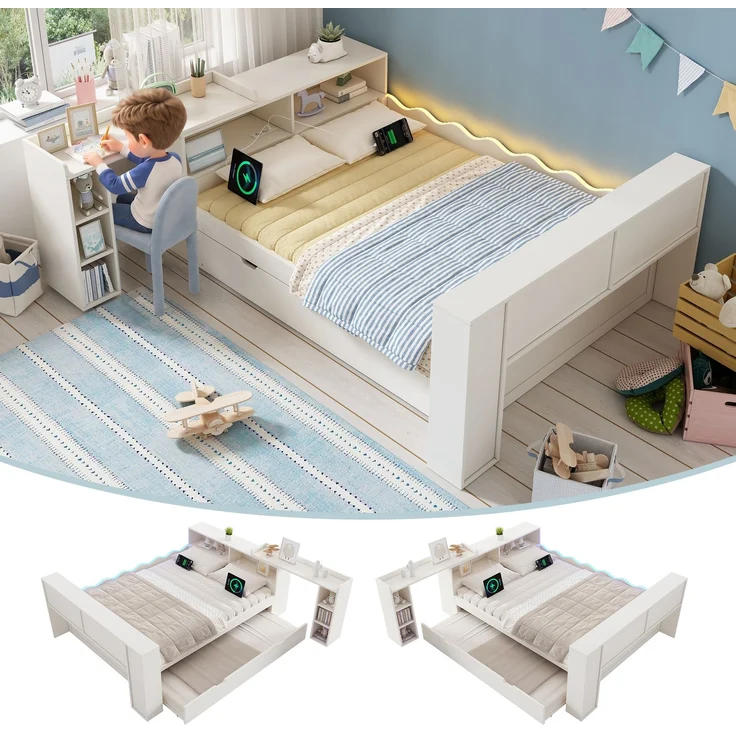 Bett 140x200 cm aus Holzwerkstoffen in Weiß mit Ausziehbett 90x190 cm, LED und Ladeanschlüssen, ohne Matratze – Bild 4