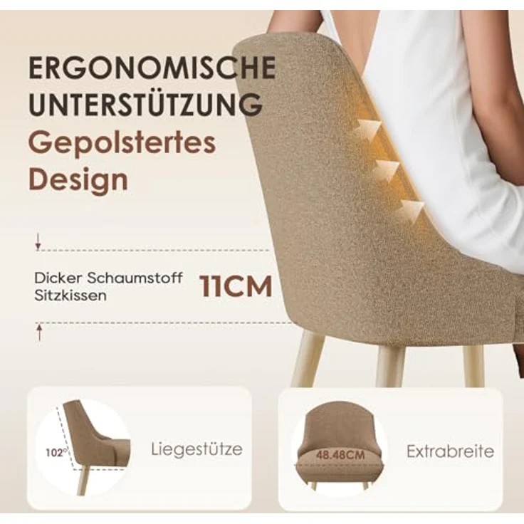 COLAMY Esszimmerstühle 2er Set, Gepolsterter Stuhl mit Holzbeinen, Hohe Rückenlehne für Esszimmer/Restaurant/Café, Kamel – Bild 5
