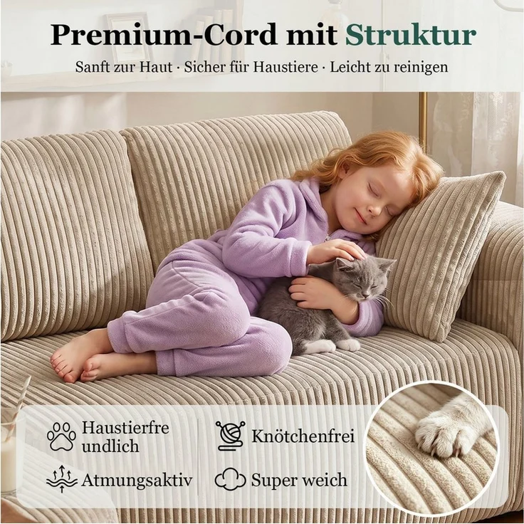 COMHOMA Sofa Ecksofa mit Schlaffunktion, Corduroy Modulares Boneless Couch, mit Chaiselongue, L-Form Schlafsofa, Sektionssofas mit Kissen & Seitentaschen – Bild 4
