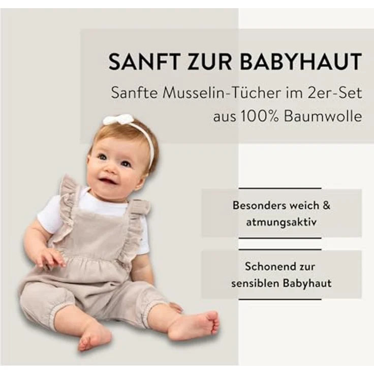 PARSA Beauty Baby Mulltücher, 2er-Set Musselin in Beige & Weiß mit Wölkchen, hautschonend und atmungsaktiv – Bild 3