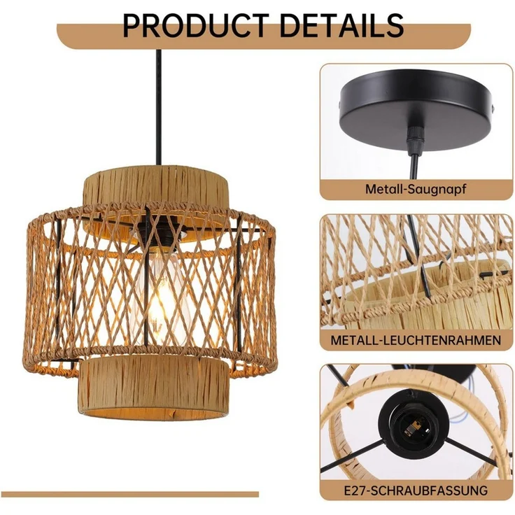 JDONG Pendelleuchte esstisch lampenschirm Hängelampe Ø26cm E27, ohne Leuchtmittel, Beige Papierflechten Beleuchtung Dekoration,schlafzimmerlampe, Vintage,Dekorative Möbel,Für,Wohnzimmer,Esszimmer,Flur – Bild 3
