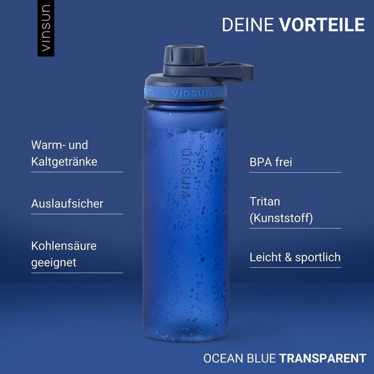 Vinsun Trinkflasche Sportflasche 750ml - Wasserflasche BPA frei & Kohlensäure geeignet, Auslaufsicher, bruchsicher, wiederverwendbar, leicht, Tritan Flasche – Bild 1
