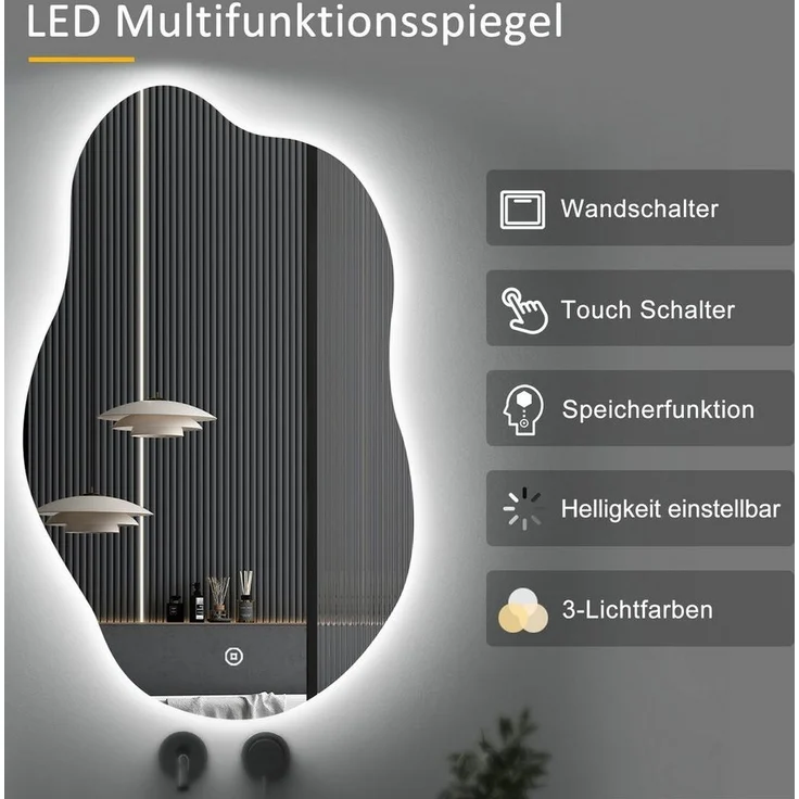 WDWRITTI Wandspiegel mit beleuchtung Badspiegel LED Touch Modern Dreifarbiges Dimmbar (LED Spiegel Bad, Wolke, 52x85cm), LED Multifunktionspiegel – Bild 2