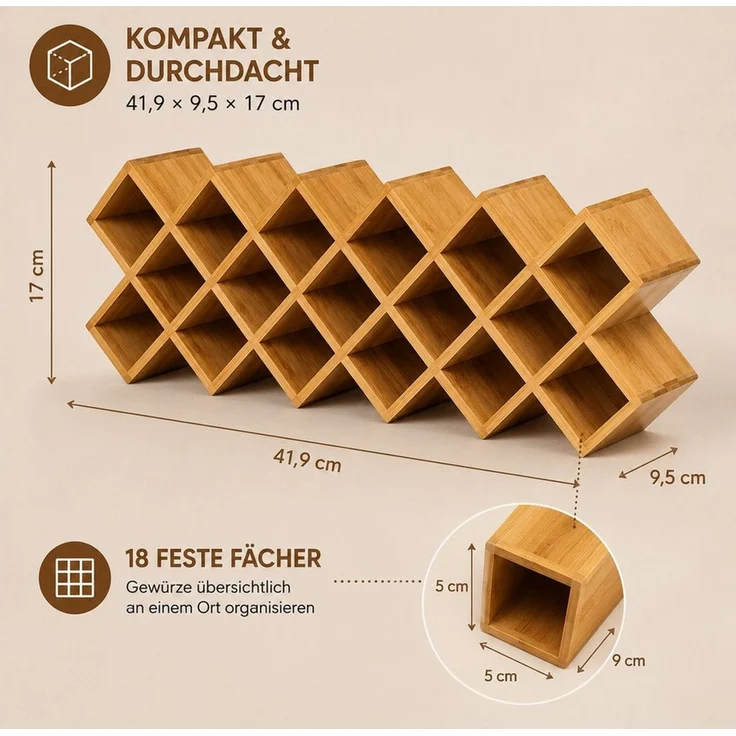 Best for Home Gewürzregal 18 Fächer, Küchen-Gewürzorganizer, Natürliches Bambus, Einzelartikel 1-tlg, platzsparend, kompakte Bauweise, vielseitig einsetzbar – Bild 4