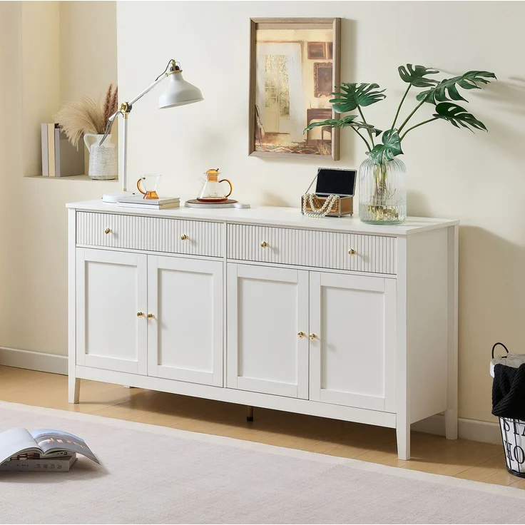 DESVIAE Sideboard mit 2 Schubladen und 4 Türen 160x82x40 cm aus MDF Weiß – Bild 3