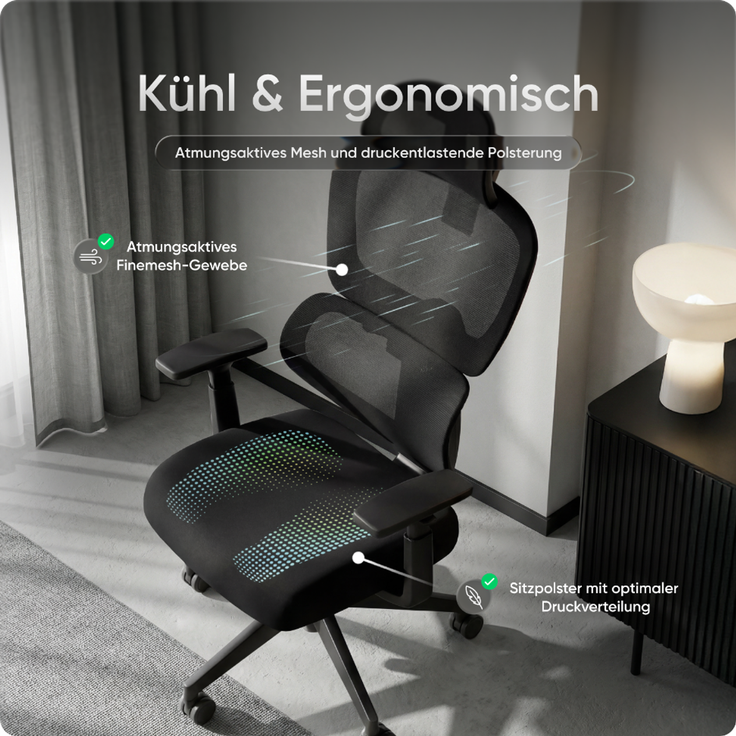 DESKSPACE Move - Premium Ergonomischer Bürostuhl, Höhenverstellbare Rückenlehne - Schwarz – Bild 5
