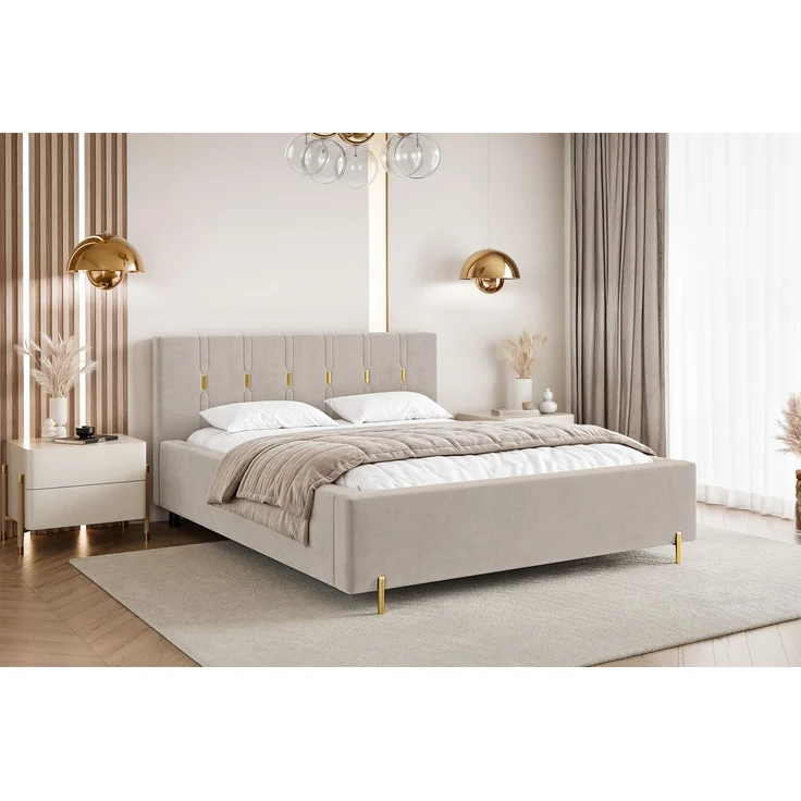 MEBLINI Polsterbett 200x200 mit Lattenrost mit Matratze – FABIO – Beige Samt – Doppelbett mit Bettkasten - Stauraumbett - Kopfteil Bett mit Stauraum – Bild 1