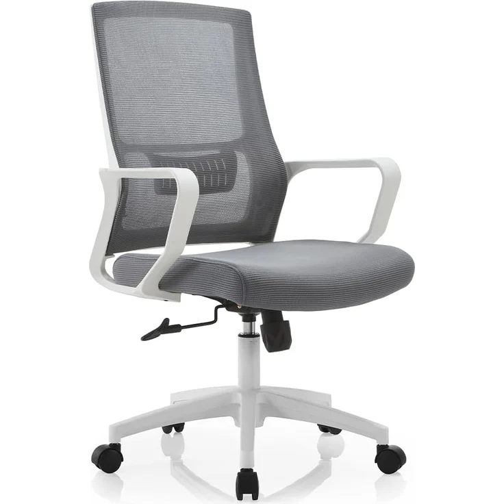 Shally Dogan Ergonomischer Drehstuhl mit Lendenwirbelstütze, Schreibtischstuhl, Arbeitszimmerstuhl, höhenverstellbar, stabile weiße Basis, schweißfeste Rückenlehne (Grau) – Bild 1