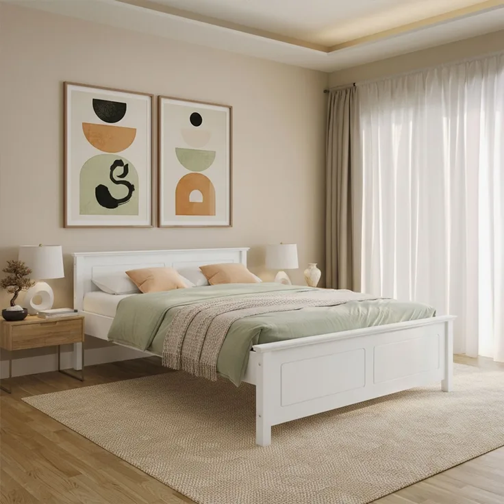 Bellamio 'Medje' Bett 160x200 cm in Kassettenoptik, Kiefer, weiß lackiert, Holzbett im Landhausstil mit Lattenrost, geeignet als Doppelbett