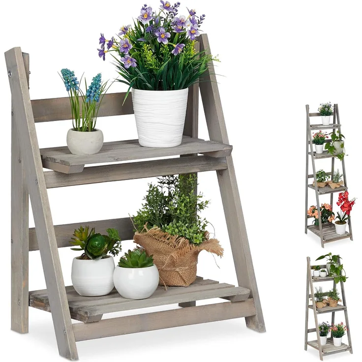 Relaxdays Blumentreppe Holz grau