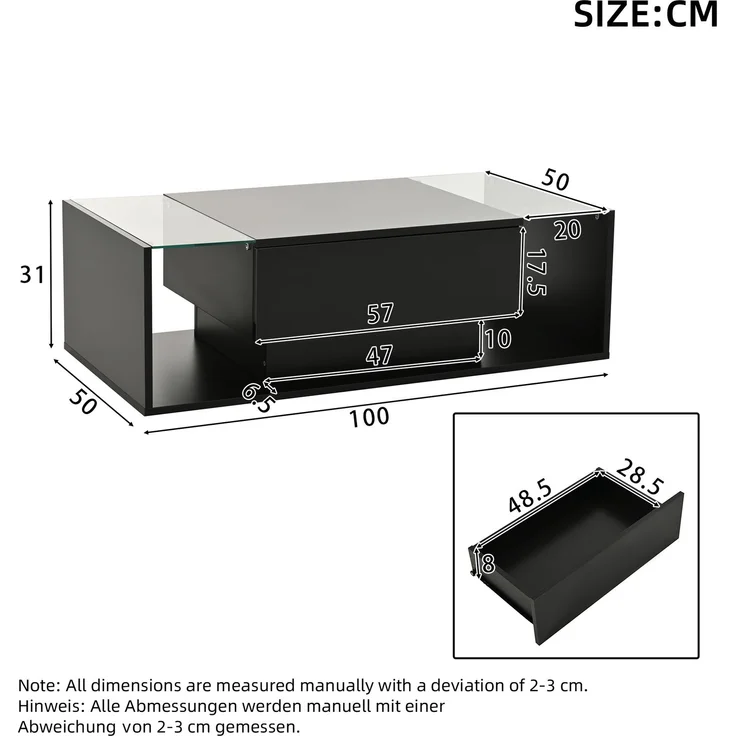 Quadratischer Couchtisch 100 x 50 x 31 cm, Hochglanz schwarz, gehärtetes Glas, 1 Schublade, halboffener Stauraum,mit LED-Lichtleiste – Bild 10