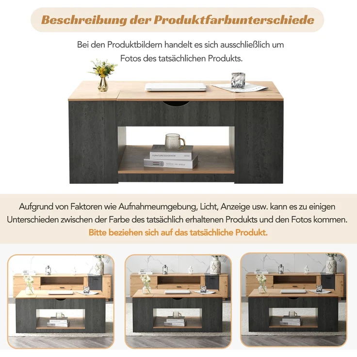 LVHOM Couchtisch mit Stauraum, Höhenverstellbarer Kaffeetisch mit versteckten Fächern, Laptoptisch für Wohnzimmer, Eiche-Optik/Grau, 109x60x43 cm – Bild 8