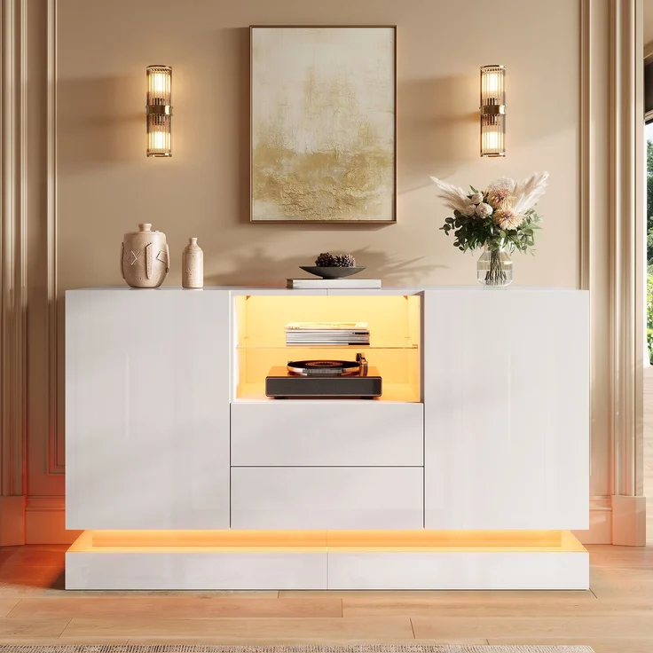 ZUBALIYA Sideboard 140x40x80 cm, mit LED-Beleuchtung, Hochglanz, mit 2 Türen, aus Spanplatte, Weiß – Bild 10