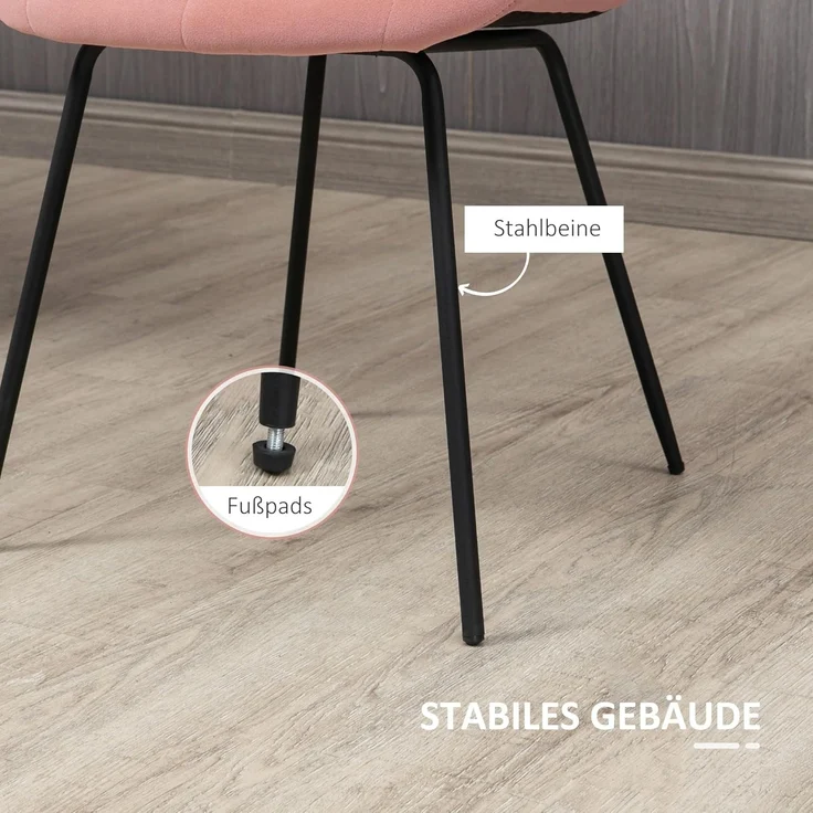 HOMCOM Esszimmerstühle 2er Set Küchenstuhl mit Rückenlehne, Samtoptik, Sessel Stühle, Wohnzimmerstuhl mit Stahlbeine Retrodesign Polsterstuhl für Esstisch, Rosa – Bild 6